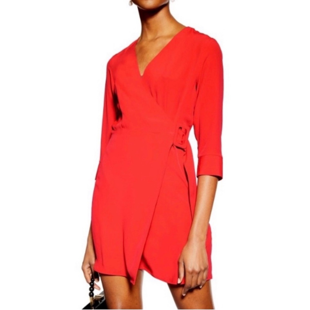 NWOT TOPSHOP Women’s Long Sleeve Red Wrap Belted Waist Mini Dress Size 4